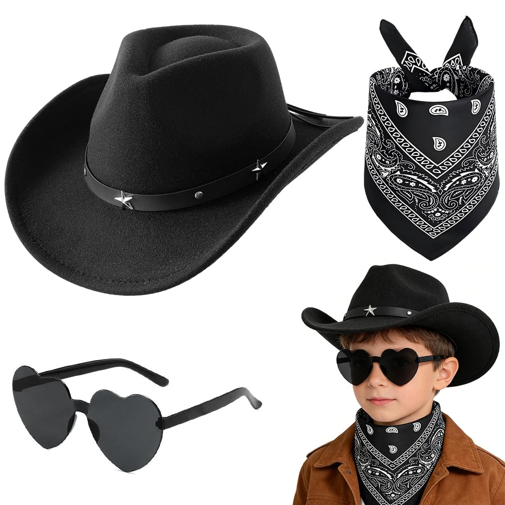 FCXVXCL Kids Cowboy Hat 3 PCS Cowboy Costume for Kids Accessories Children with Black Hat Scarf Heart Sunglasses for Halloween Christmas World Book Day Fancy Dress Up — image 1