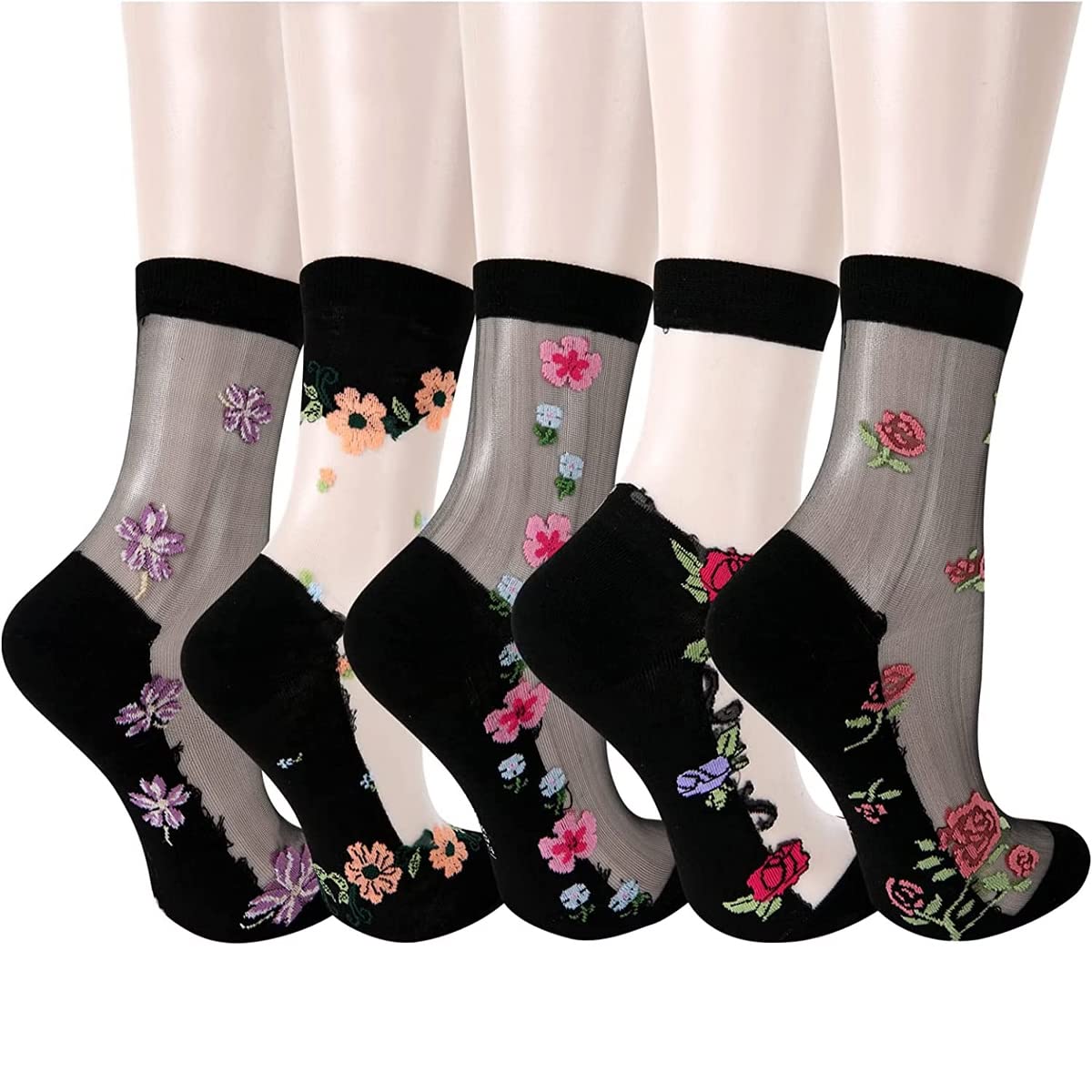 nicsy Ankle Sheer Socks Silky Floral Printed Transparent Mesh Sock 5 Pairs-picture-13