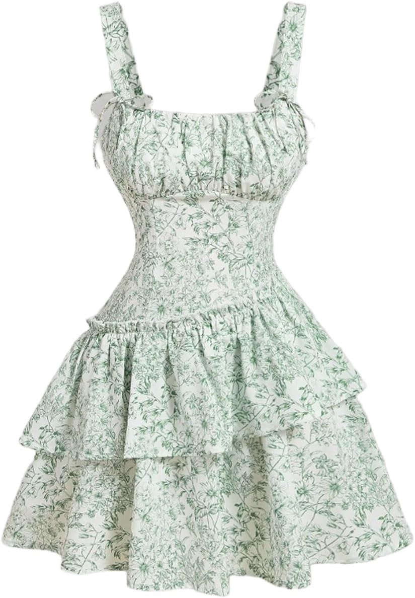 Narecte Womens Summer Dresses Floral Casual Mini Dresses for Women A Line Sun Dress Cute Ruffle Dress