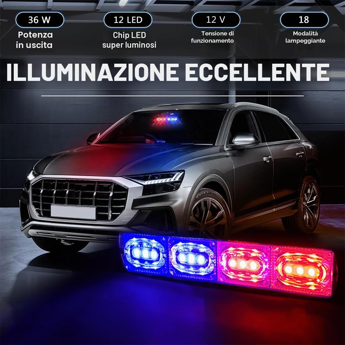 Luce stroboscopica di emergenza a LED rosso blu,Luci di sicurezza interne della polizia sul parabrezza con tazze di aspirazione,Luce lampeggiante di emergenza del cruscotto,per auto,autopompe,polizia