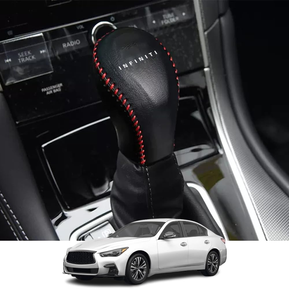 Kakash Custom Interior Accessories for Infiniti Q50 2018 2019 2020 2021 2022 2023 Q60 QX80 Leather Automatic Gear Shift Knob Cover,Transimission Boots Shift Lever Leather Sheath(Red Stitches)