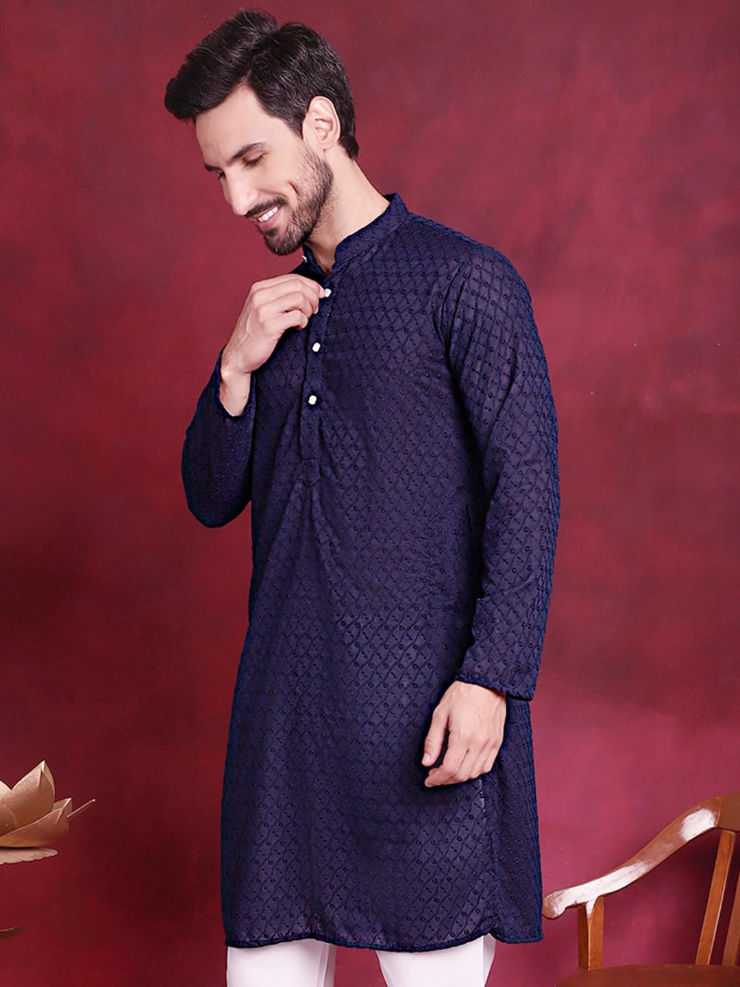 Jompers Chikankari Pure Cotton Kurtas For Men (Navy, Xl)