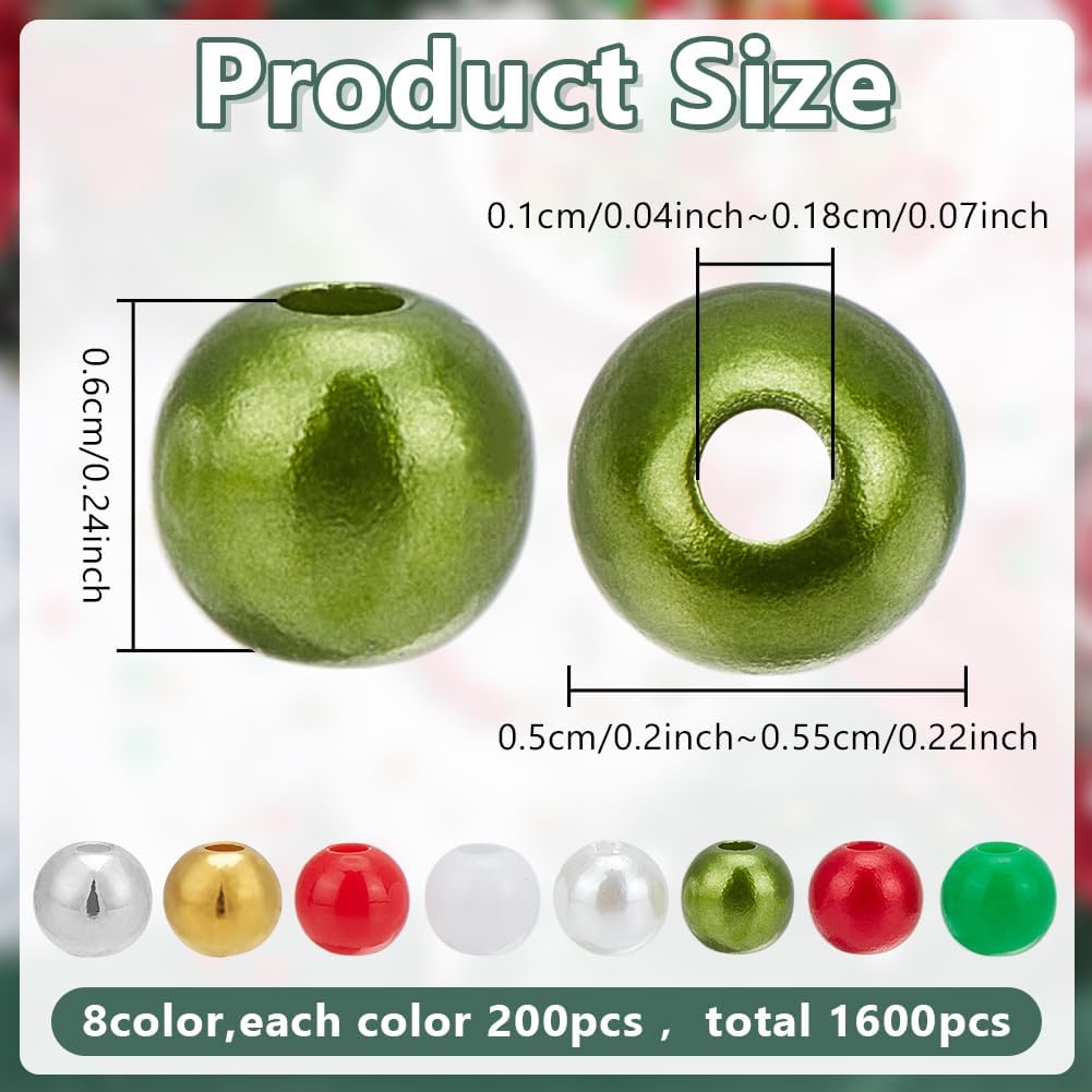 arricraft 1600Pcs Christmas Pearl Beads, 8 Styles 6mm Acrylic Round Imitation Pearl Bead Red Green Gold White Plastic Loose Spacer Beads for Christmas Jewelry Making DIY Craft Earrings - Image 2