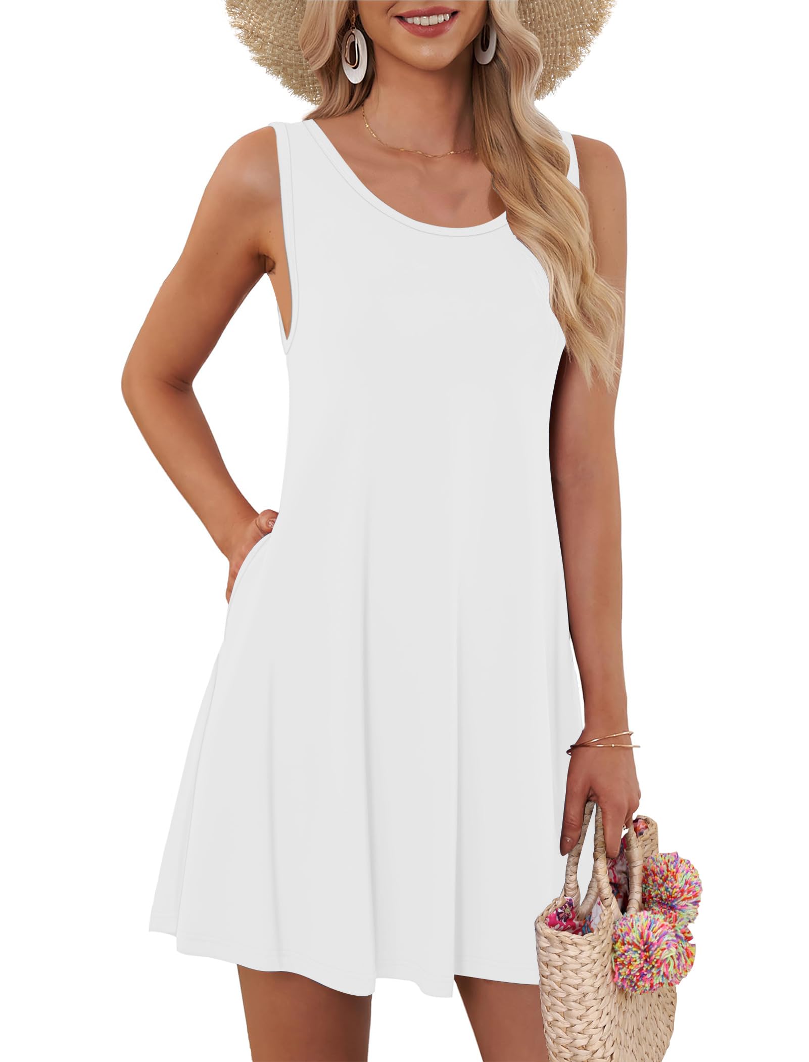 AUSELILY Vestidos de Verano Mujer 2023 Vestidos de Verano para Mujer Casual sin Mangas Plisado Vestido de Mujer con Bolsillo