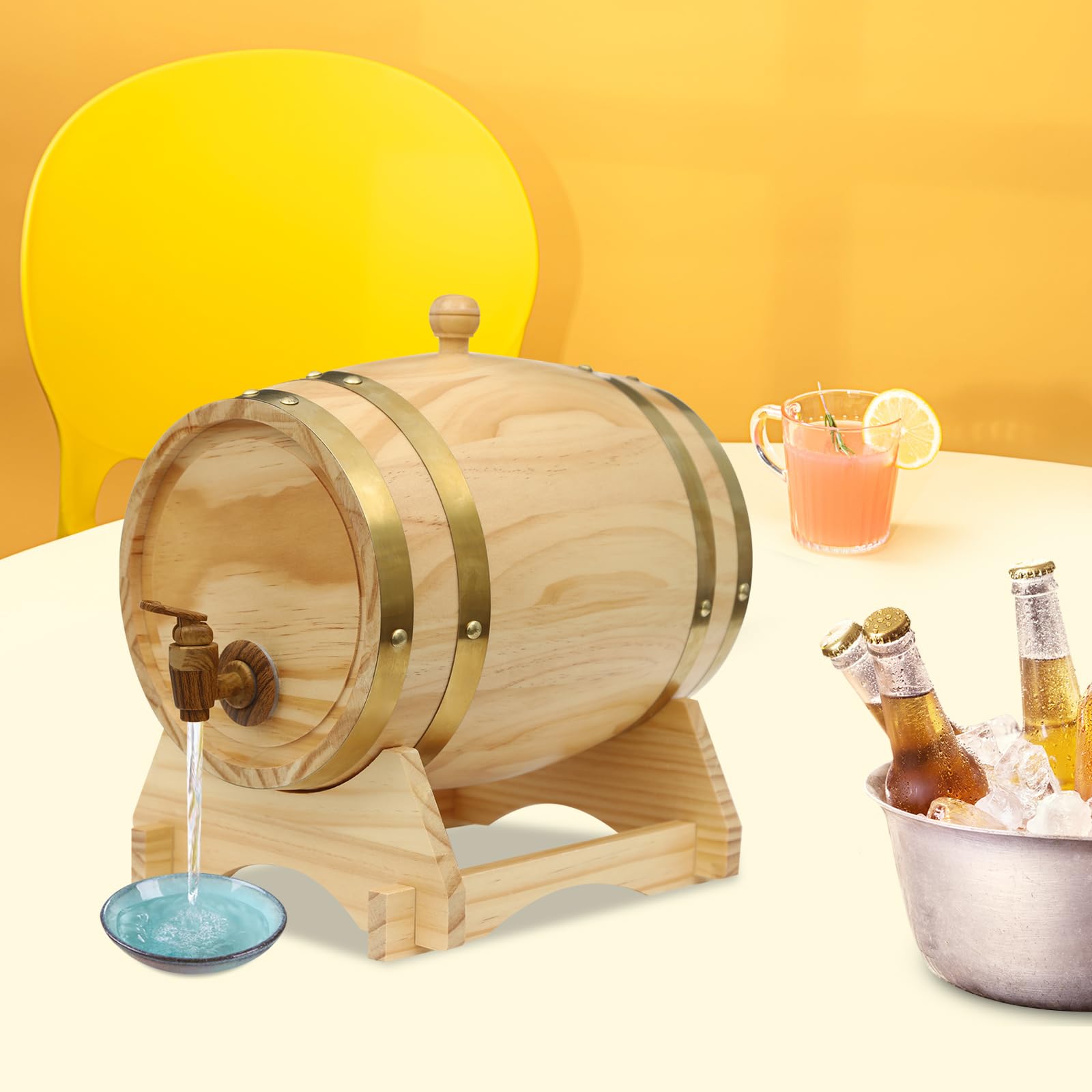 Barril de vino de 5 l, madera de pino con grifo, soporte para whisky, 30 x 28,5 cm, efecto madera, 5 l, madera de pino con grifo, soporte para vino, whisky, 30 x 28,5 cm, efecto madera