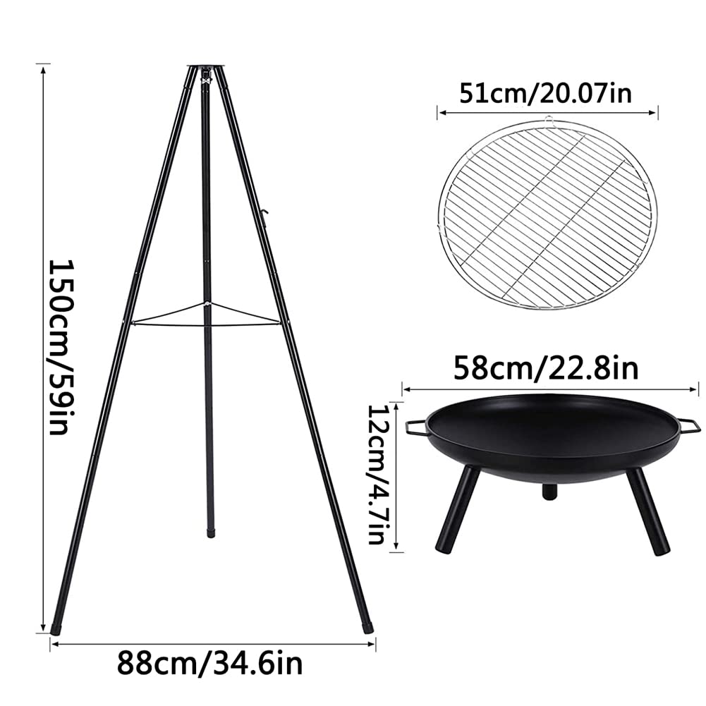 Feuerstelle Stativ mit hängendem Grill - Holzkohle BBQ Stativ für Garten, Camping, Strandparty - Verstellbare Kette für Hochtemperatur-Kochen