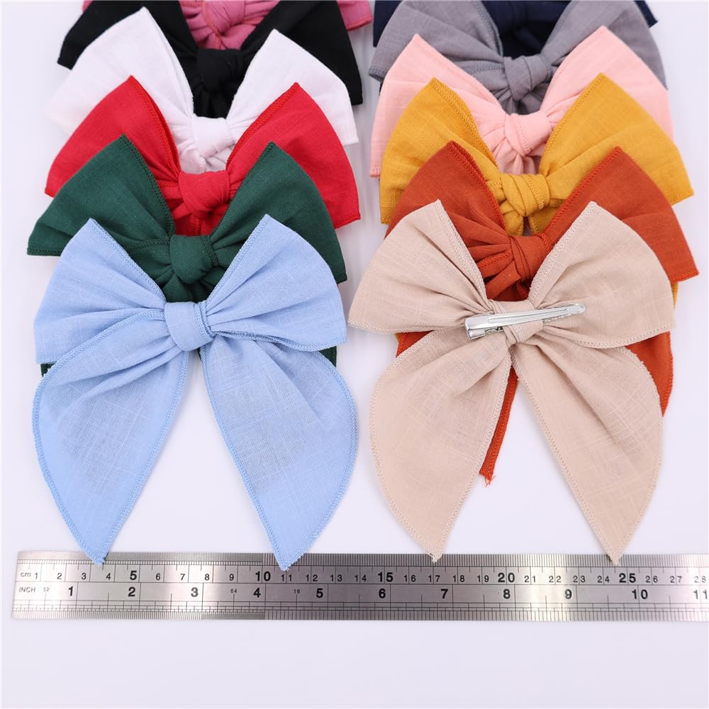 12 PCS Large Fable Bow Hair Clip for Little Girl Kids Linen Velvet Hair Bows Barrettes Alligator Clips Baby Mom Women Hair Accessories (Linen 12 PCS)