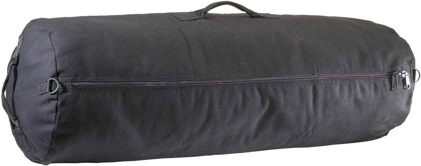 GI Style Zipper Duffel Bag - Large Heavy Duty Army Duffle Bag - Military Grade Cotton Canvas Duffel Bag - Reinforced Camping Bag - Strong Zipper, Center Grab Handle –21” x 36” - Black