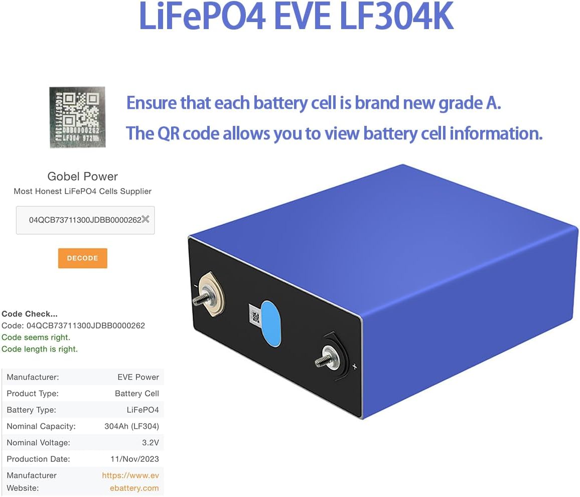 A close-up of a battery cell showing a QR code, with text indicating that each cell is Grade A and the QR code allows viewing battery cell information.