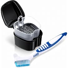 2 PCS Denture Bath Case Cup Kit Retainer Cleaner Holder Case False Teeth Container for Soaking Dentures Storage Box Cases with Strainer Basket and Brush Travel