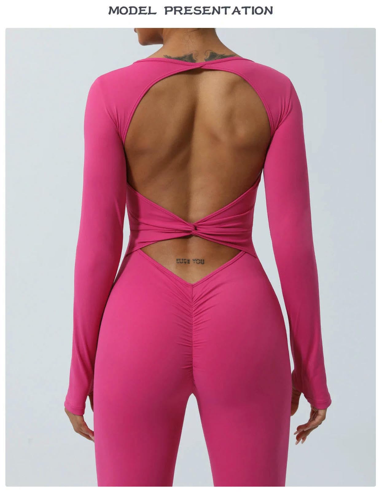 Shapewear Women Long Sleeve Gym Kombinezon Zestaw Jogi Sexy Ażurowe Powrót Odzież treningowa Kobieta Oddychająca Sportswear-Różowa Czerwony-L