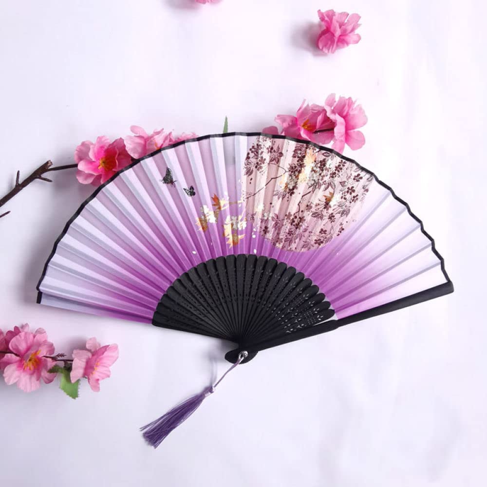 Abanico chino japonés de seda morada: lote de 2 abanicos plegables florales con mariposas