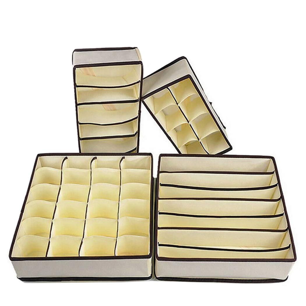 OAKNO Bra Underwear Drawer Organiser, 4 Sets Foldable Closet Dresser Drawer Dividers Collapsible Wardrobe Storage Boxes for Clothes Bras Socks Neck Ties Baby Nursery Scarves and Handkerchiefs (Beige)
