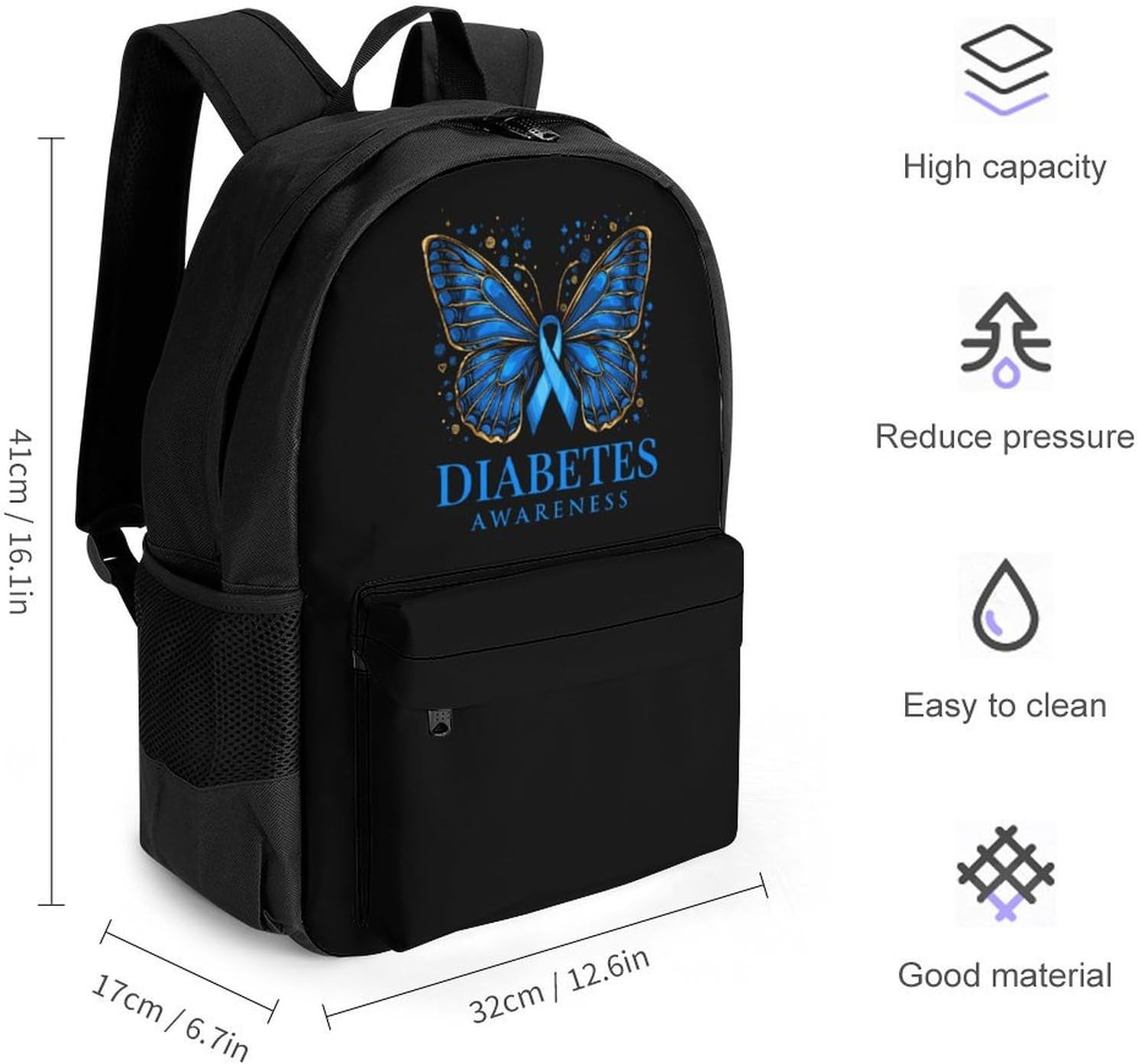 Diabetes Awareness Butterfly Backpack Lightweight Backpacks Work Bag