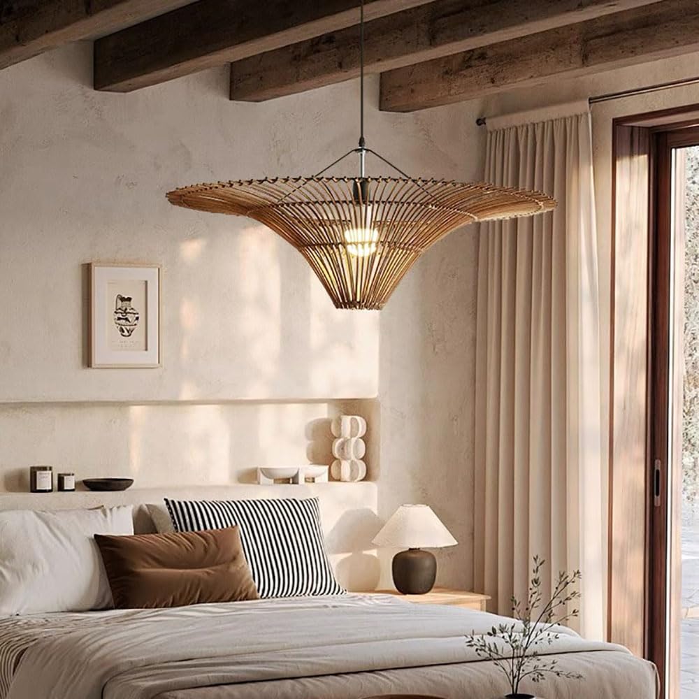 Lampa wisząca LED w stylu boho, 1 światło, duży model z wiklinowym abażurem, wiejski styl boho lampa sufitowa do jadalni, salonu, sypialni, wyspy kucharskiej