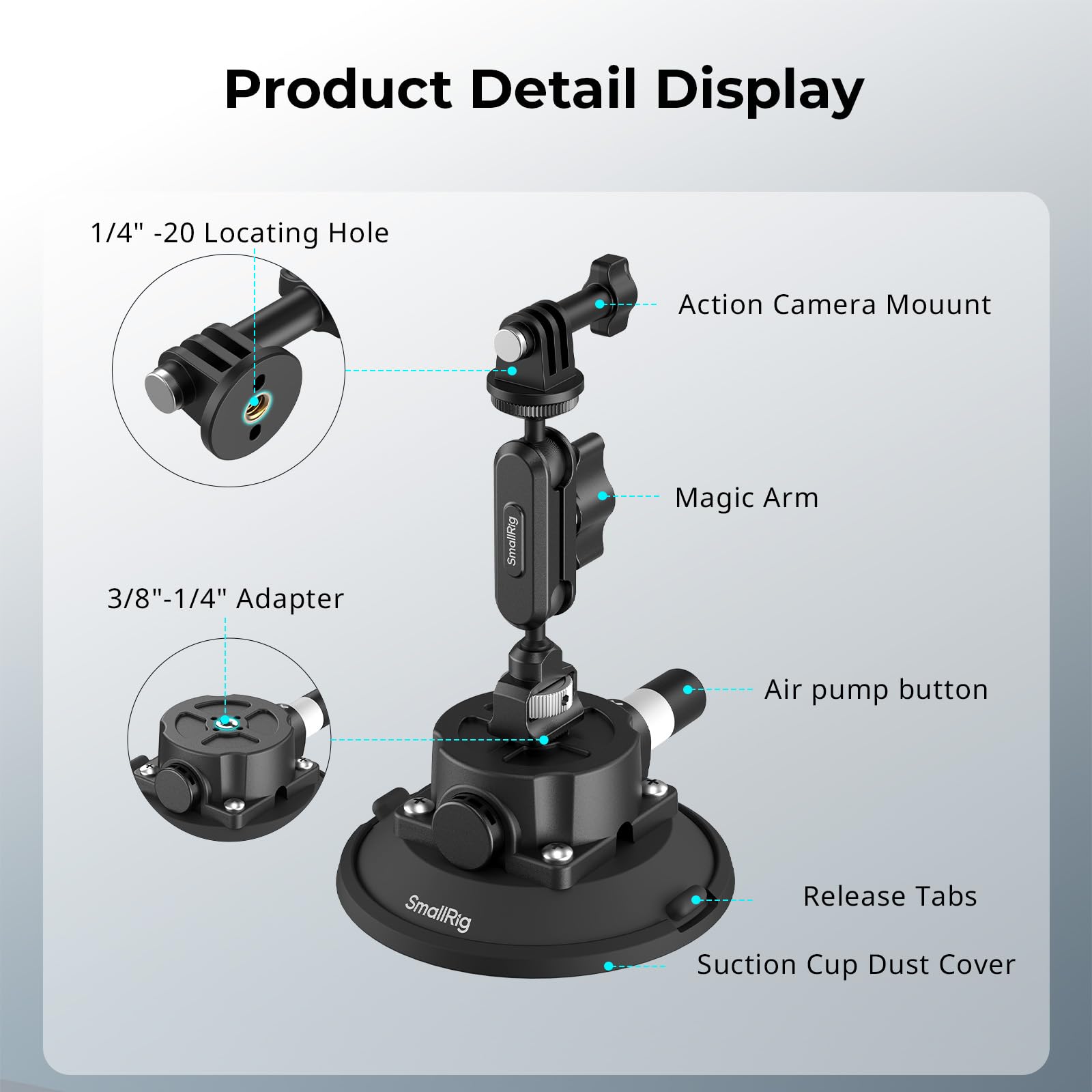 SMALLRIG 4,5" Suction Cup Mount mit Kugelkopf-Zauberarm, Halterung für Action-Kameras für DJI Osmo Action 6/5/4, für Insta360 x5, für Gopro 13, Tragfähigkeit 1.5 kg, an Autoscheibe oder Fenster - 5855
