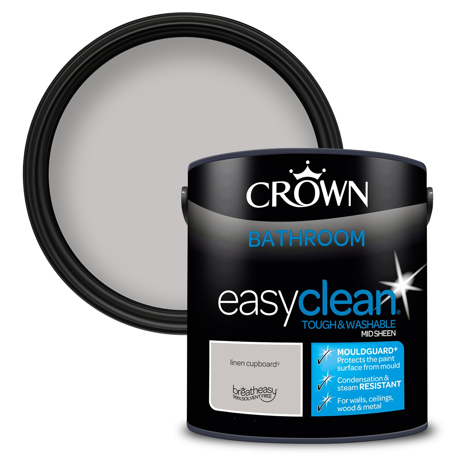 Crown Linen Cupboard - Bathroom Paint, Mid Sheen Emulsion - Washable, Mould and Condensation Resistant - Mid Grey Paint - Bathroom and En Suite - Water Based, Low Odour Paint - 2.5L