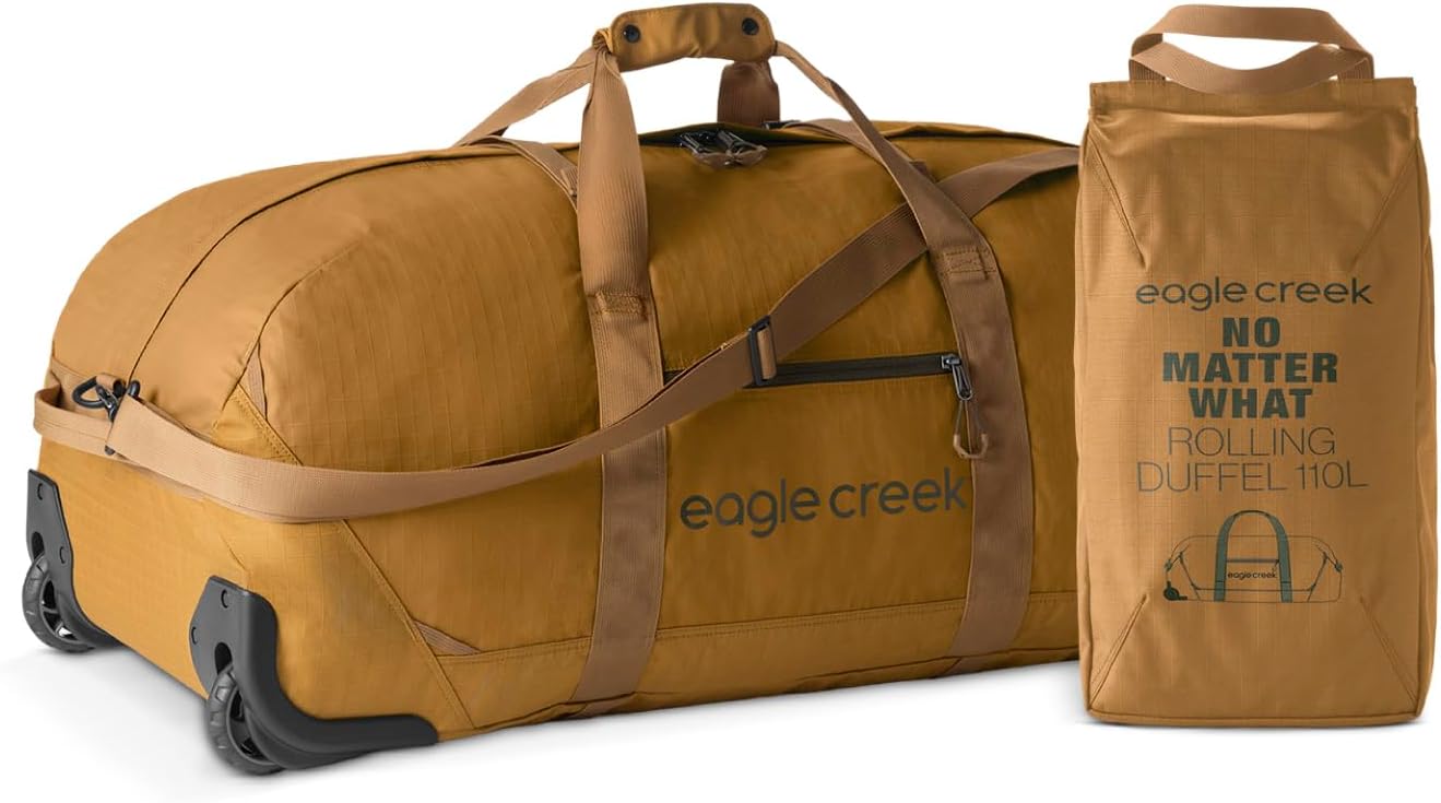 Eagle Creek No Matter What Rolling Duffel - Durable Rolling Bag for Travel - Adjustable Shoulder Strap - Heavy Duty Wheels - Lockable Zippers - Multiple Carry Options - 110L - Safari Brown
