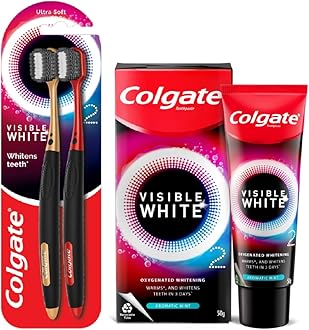 Colgate Visible White O2 Teeth Whitening Toothpaste - Aromatic Mint 50g & Colgate Visible White O2 Toothbrush Ultra Soft - 2pcs