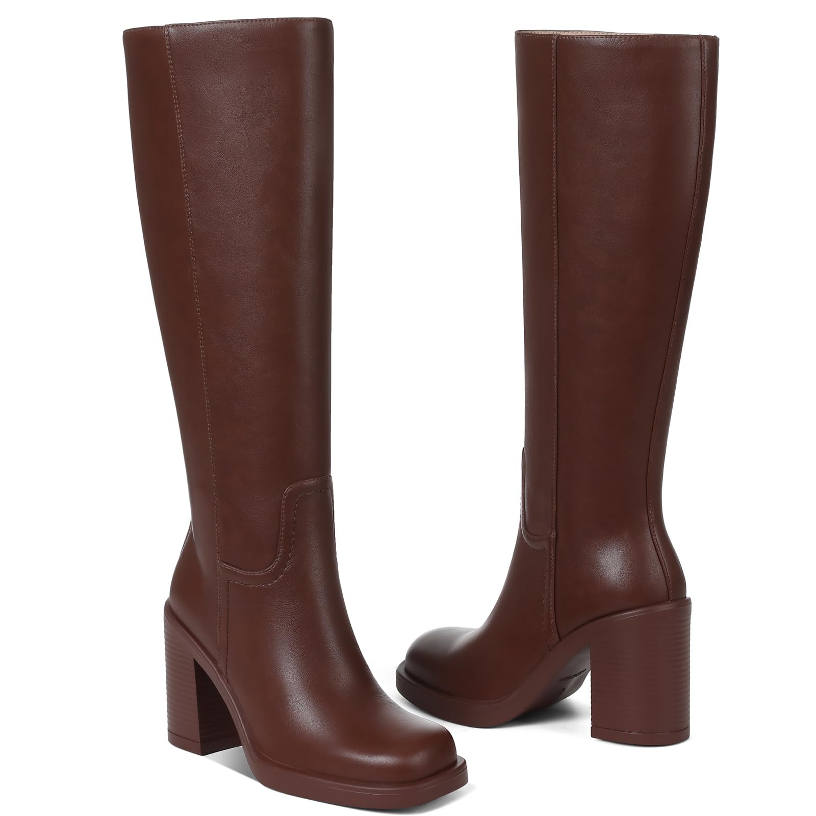 CYNLLIO Brown Knee High Boots for Women Tall Platform Gogo Boot Heeled Leather Botas w 3 54 Chunky