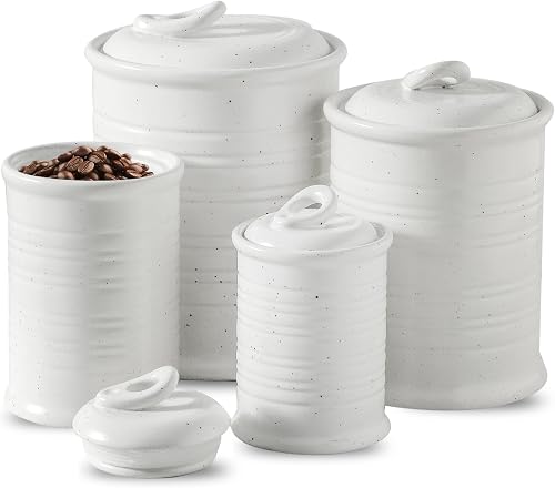 Nihow Ceramic Canisters for The Kitchen: Food Storage Containers with Air Tight Ceramic Lid for Flour/Sugar/Rice/Coffee/Cookies/Candy - Set of 4 (Matte White)