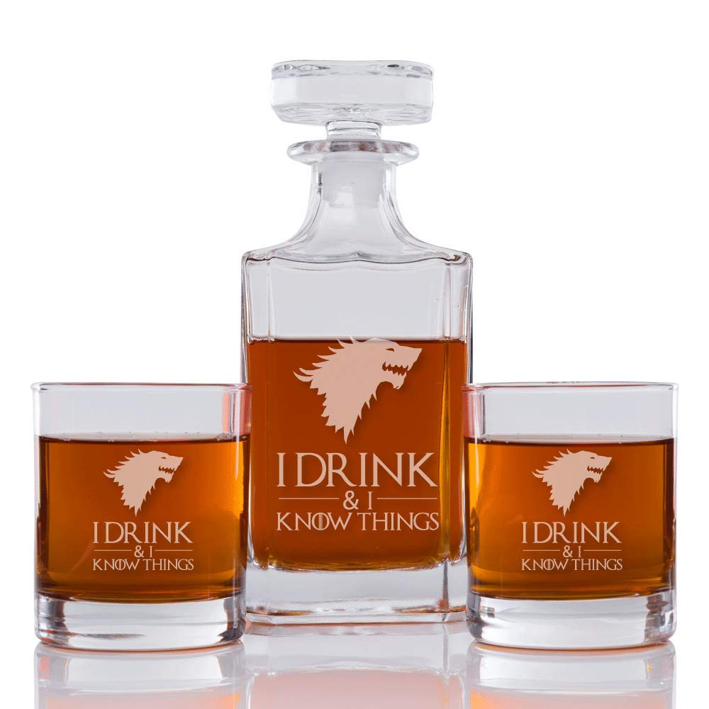 I Drink & I Know Things (Stark) Engraved Decanter and Rocks Glasses, Set of 3