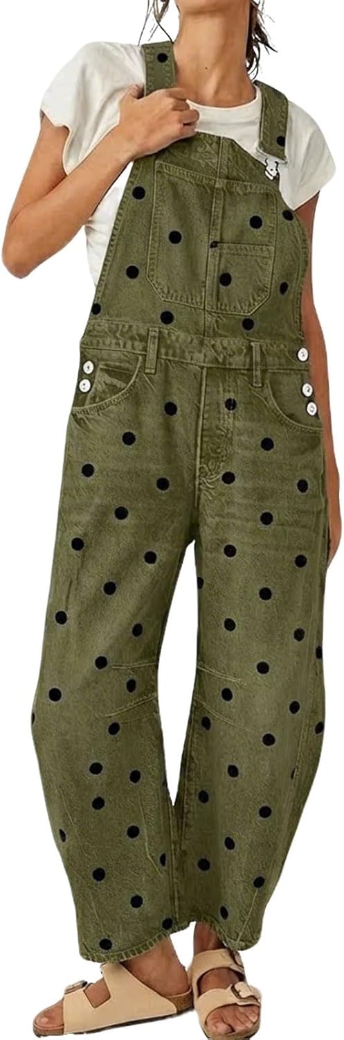 utcoco Women's Polka Dot Denim Overalls Loose Fit Barrel Leg Adjustable Strap Hip Hop Jumpsuits