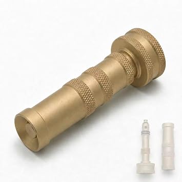 Brass Hose Nozzle, Heavy Duty, Adjustable High Pressure, 3/4" GHT | Uncoated solid brass nozzle, adjustable high-pressure spray, leak-proof, rust-proof, fits standard hose. Garden & car wash.