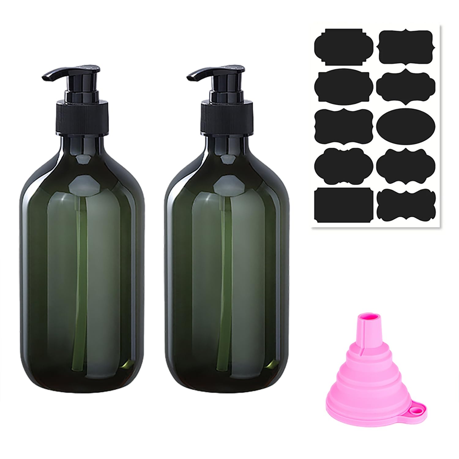 2 Pack 500ml Refillable Plastic Soap Dispenser with Pump,Funnel and Labels — image 1