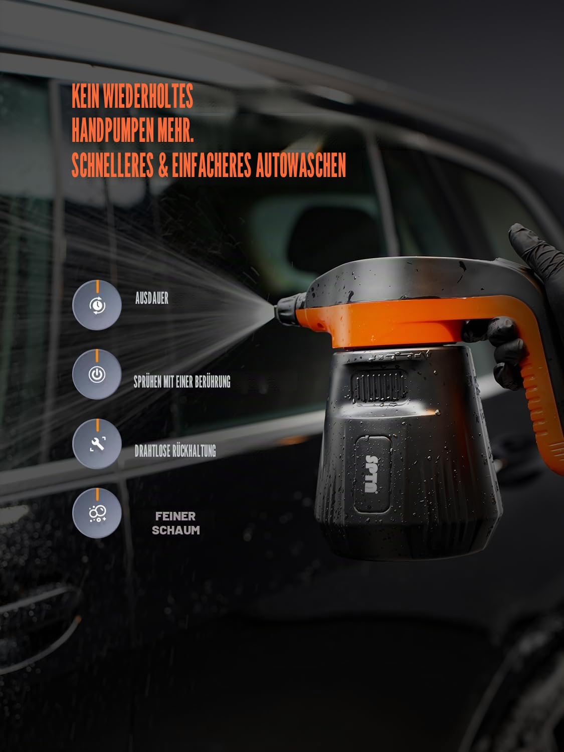 SPTA Druckschaumsprüher, 2,25 l, elektrischer Druckseifensprüher, Autoschaumsprüher, kabelloser Pumpsprüher für Autowäsche, Hochdruckreiniger, Schaumreiniger mit 500 ml Autowaschshampoo für Autowäsche
