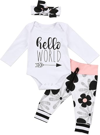 Amazon.com: Conjunto de ropa para bebés recién nacidos Hello World/Cloud  mameluco Tops Floral/Amor Pantalones Largos Diadema Trajes : Ropa, Zapatos  y Joyería