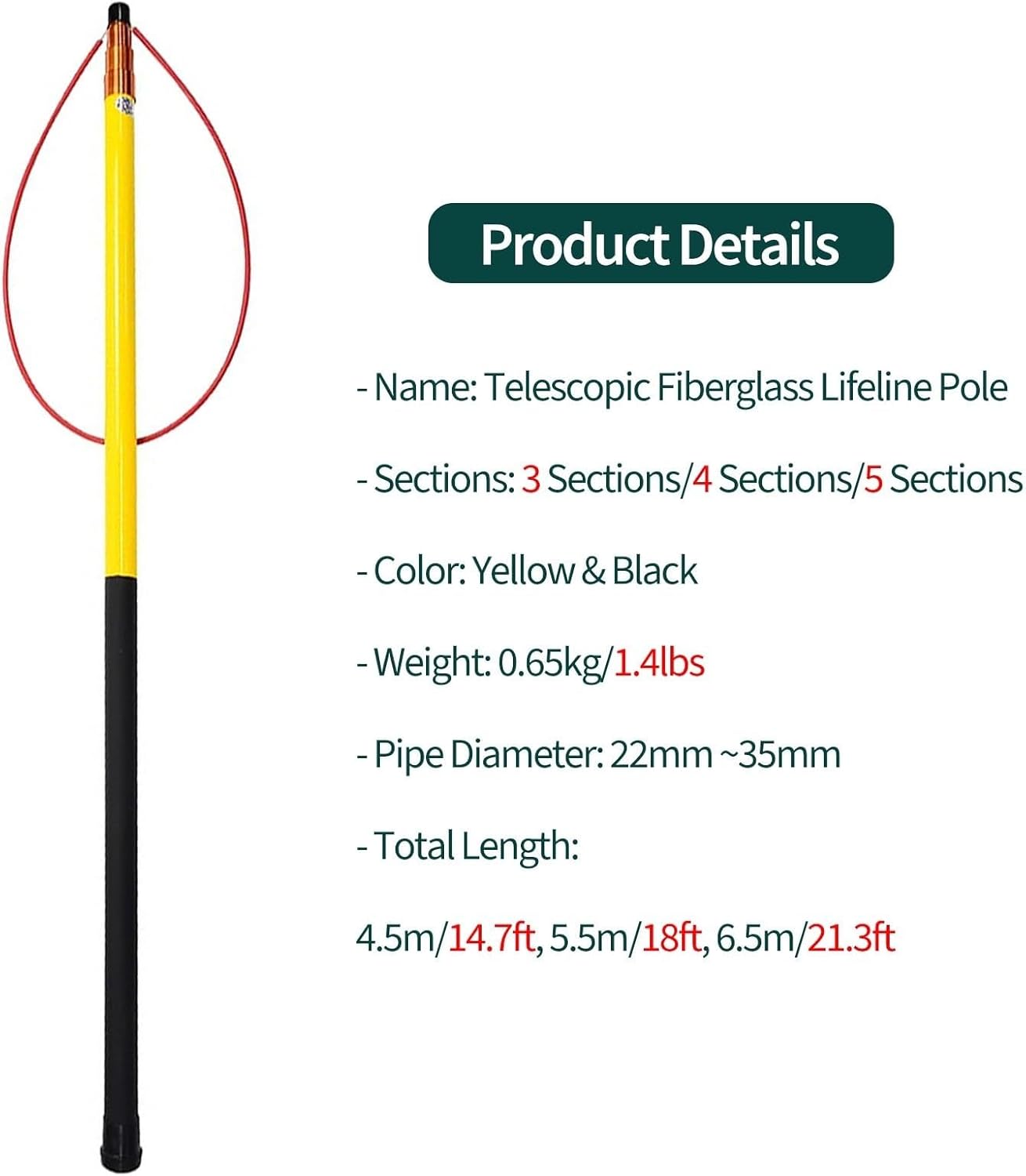 4.5m 5.5m 6.5m Telescopic Pool Safety Ring Hook, Portable Fiberglass Rescue Pole, Essential Water Rescue Equipment for Home Pool, Cabin, and Pontoon Boat