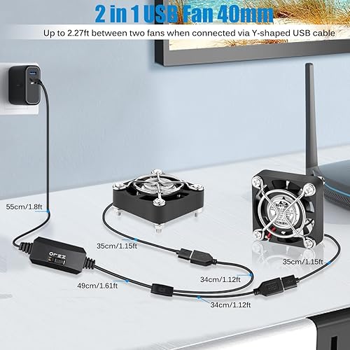 Vista 5 de GDSTIME Paquete de 2 ventiladores USB silenciosos de 1.575 pulgadas con 3 controles de velocidad, mini ventilador de carcasa de computadora sin