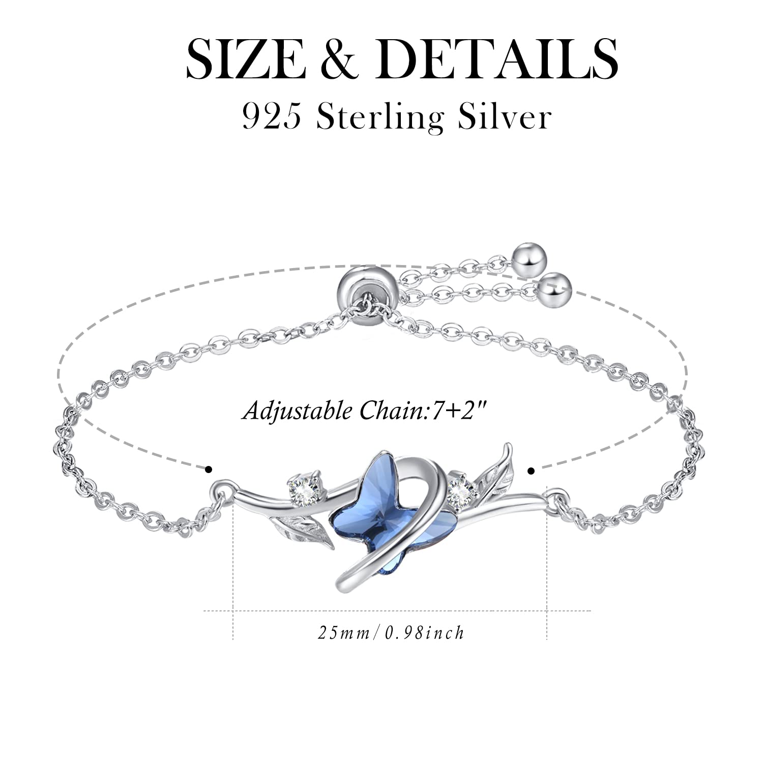 KINGWHYTE Pulsera de mariposa de plata de ley 925 con cristales azules, ajustable, para aniversario, cumpleaños, Navidad, regalo para mujer, 7 inch, Plata de ley