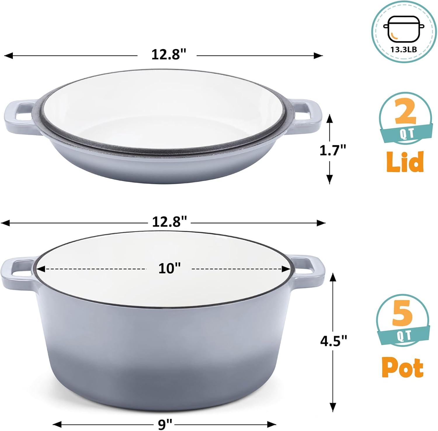 TeamFar 5 Quart Enameled Cast Iron Dutch Oven, 2-In-1 Dutch Oven Pot Cookware with Skillet Lid for Bread Baking Braising Stewing Roasting, Sturdy & Nonstick, Oven Safe & Fit for Induction (Grey) - Image 2