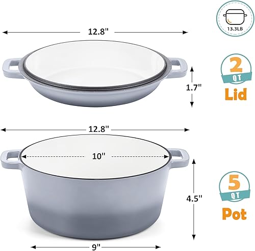 Miniatura 9 de TeamFar Horno holandés de hierro fundido esmaltado 2 en 1, olla holandesa de 5 cuartos de galón con tapa de sartén para hornear pan, estofado,