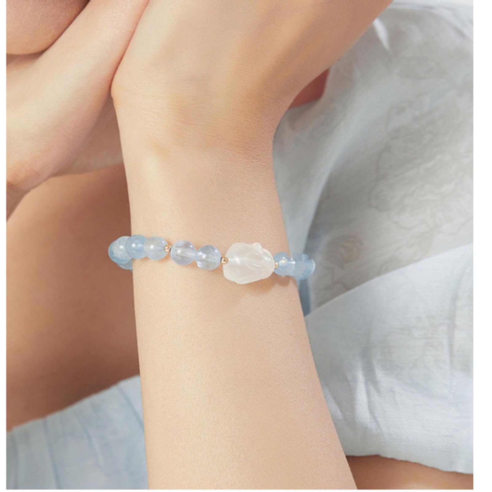 Bracciale in Pietra Acquamarina, Morbidi Cristalli Blu Braccialetti Elasticizzati in Vera Pietra Bracciale con Perline di Cristallo Azzurro per Pace e chiarezza, Gioielli Elastici,6MM