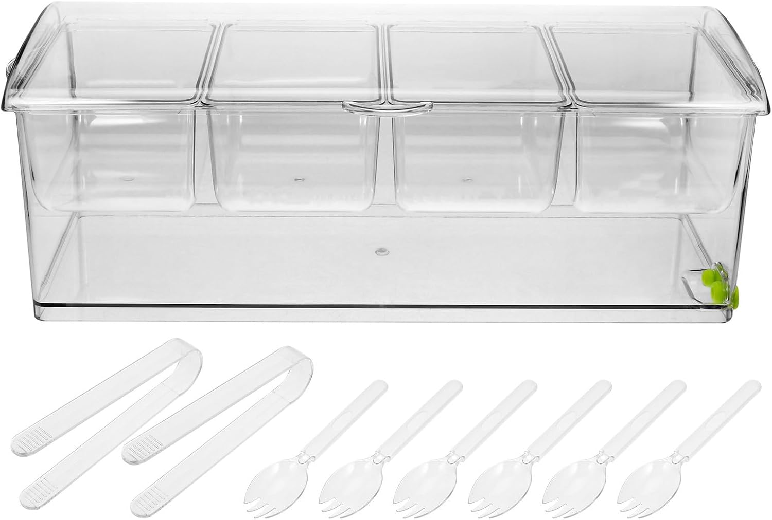 Hemoton Divided Food Storage Container with Lid, 4-compartment Fridge Storage Box, Plastic Kitchen Organizer for Refrigerator and Freezer, Includes 2 Clips and 6 Forks for Meal Prep