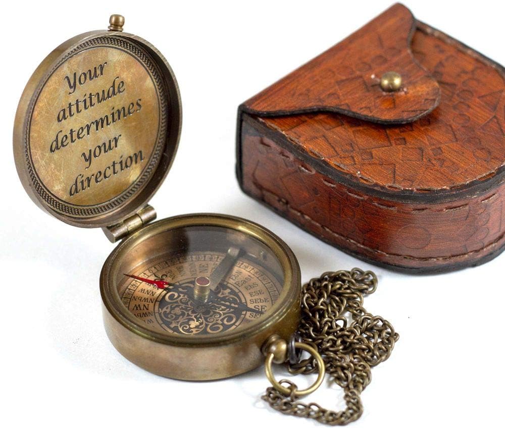 Brass Pocket Magnetic 2" Compass with Chain Nautical Boat Decor Antique Steampunk Style Engraved Gifts Directional Pirate Hiking Travel Camping Compass
