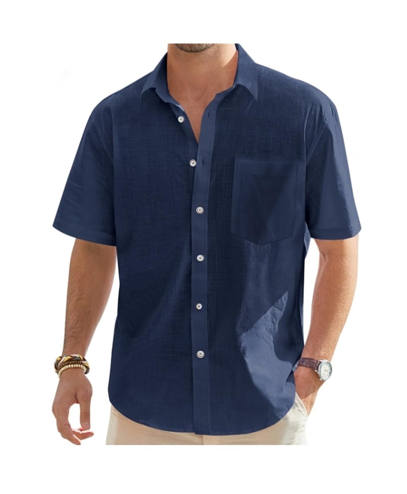 Chemise manche courte homme infroissable et fraîche en coton lin navy