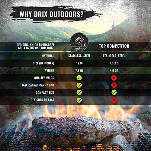 Drix Bushcraft Grill & Waxed Canvas Foraging Bag Kit - Made Of 304 Stainless Steel - Durable Compact Backpackers Grill - Great For Hiking Trips, Overnight Bushcraft Adventures, Or Primitive Camping! #TOP7