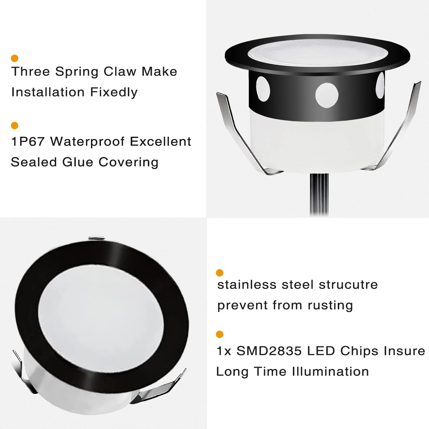 Spots LED Eclairage,Encastrable Extérieur IP67 Acier inoxydable Noir- Spots à Encastrer pour Terrasse Bois Plafond 0,6W DC12V lumière Spot LED Lampe Extérieur [ (blanc chaud, 30 kit)