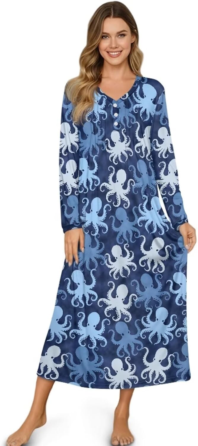 Women's Long Sleeve Nightgown V-Neck Loungewear Full Length Sleepwear Long Sleepshirts Soft Ladies Sleep Dress S-4XL