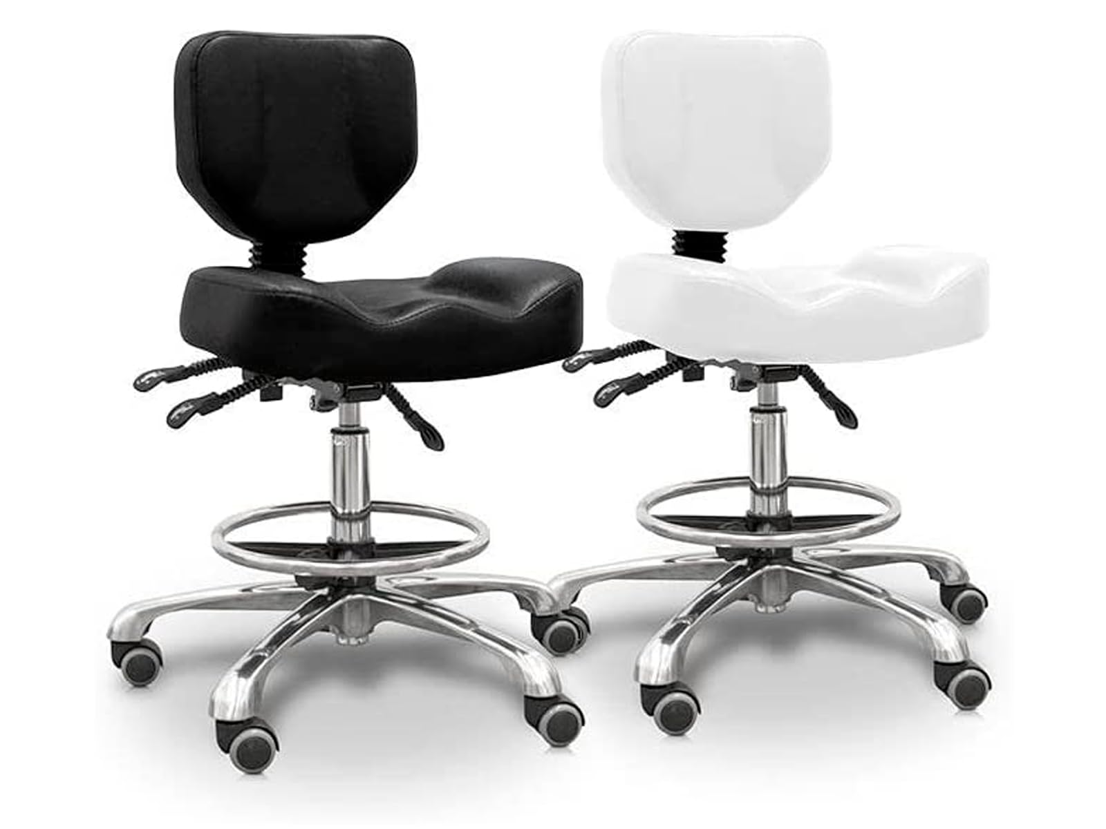 QUIRUMED Taburete hidráulico con Respaldo, Asiento reclinable y reposapiés, Color Negro, tapizado en Polipiel, Acero Cromado, Antideslizante, Ergonómico