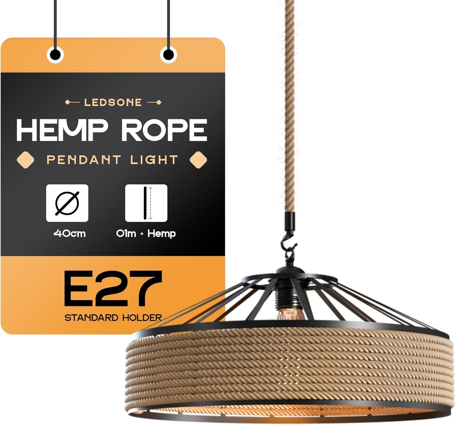 LEDSone Hemp Rope Pendant Light, Vintage Industrial Ceiling Light Fitting 40cm Metal Lampshade, 1m Adjustable Rope E27 Holder for Living Room, Kitchen, Bedroom, Dining Room, Bar, Cafe