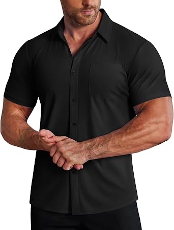 COOFANDY Mens Muscle Fit Dress Shirts Stretch Wrinkle-Free Short Sleeve Casual Button Down Shirts
