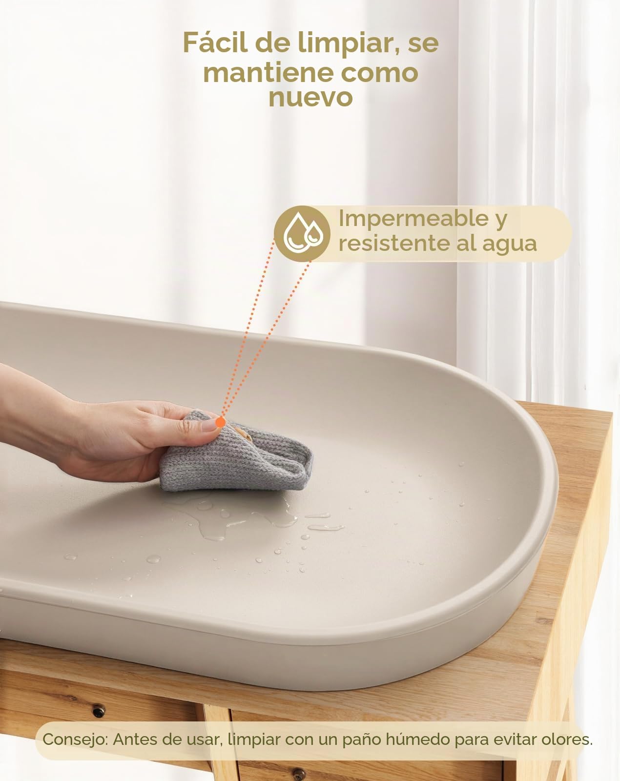 COMOMY Cambiador Bebe Impermeable Lavable, Colchoneta Cambiador de Suave PU, Colchón Antirrollo con Cinturón de Seguridad, 72,5 x 36 cm, para Cómoda y Mesa, Color Avena