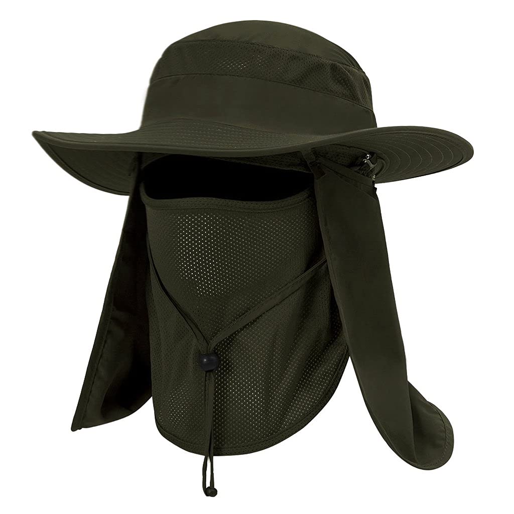 TINAYAUE Wide Brim Sun Hat with Face Cover Neck Flap 360 °UV Protection Hat Breathable Fishing Cap Bucket Hat Summer Outdoor Beach Hat for Men Dark Green