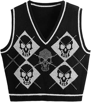 jinghuiyue Women's Sleeveless Sweater Vest Halloween Skull Printed