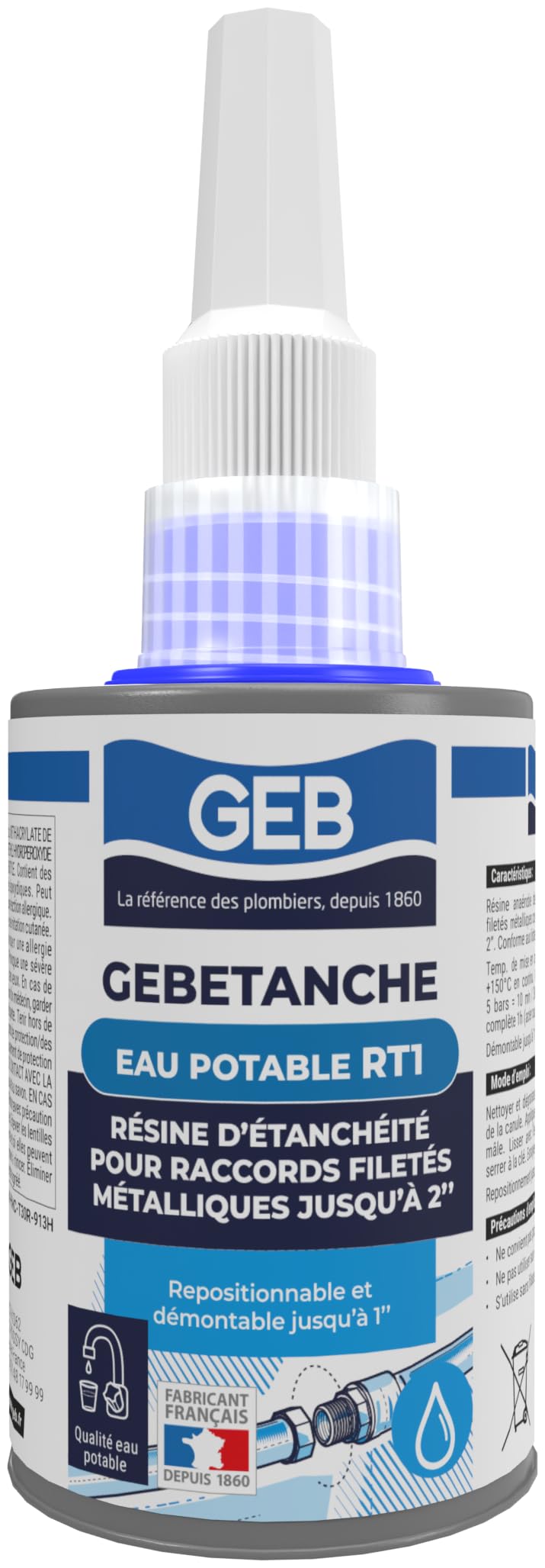 GEB Gebetanche eau potable RT1. Résine d'étanchéitée anaérobie pour raccords filetés métalliques coniques ou cylindriques sur réseaux sanitaires - 75ml